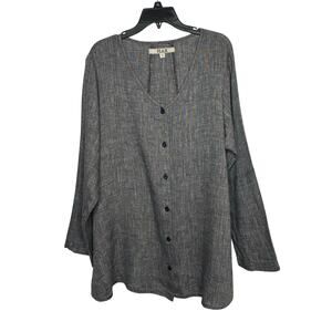 Flax Dark Gray Textured Button Down Lagenlook Linen Relaxed Fit Tunic Top Large